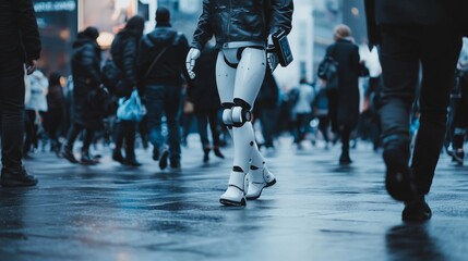 Obraz premium Humanoid AGI Walking Among Humans in Urban Environment