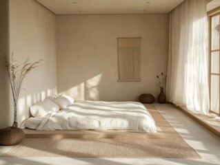A serene and minimalist bedroom bathed in soft sunlight streams
