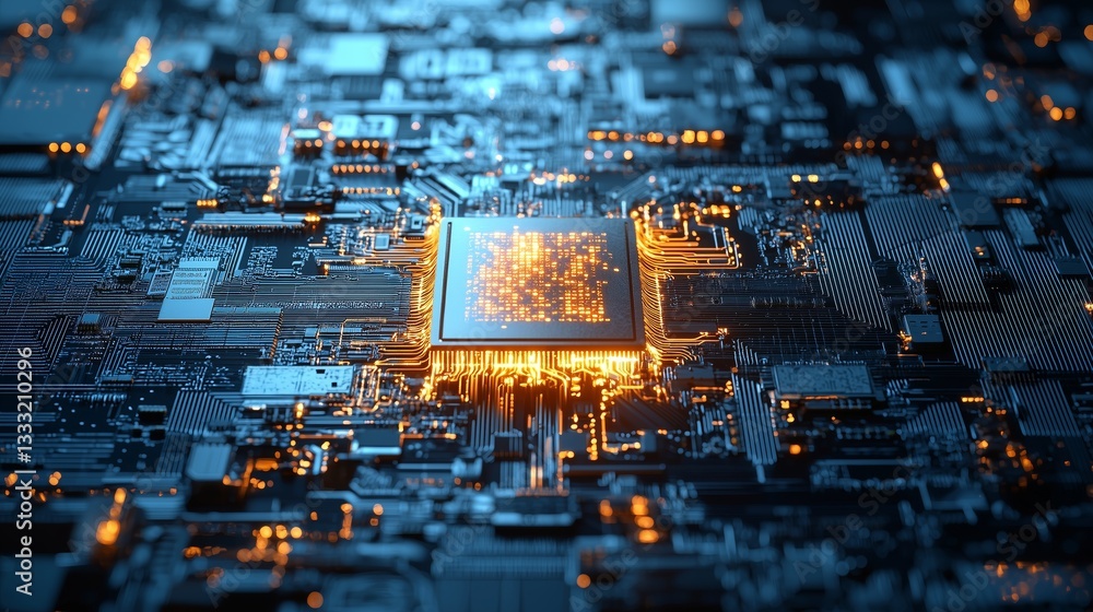 Poster advanced quantum computer circuit board with lights and detail