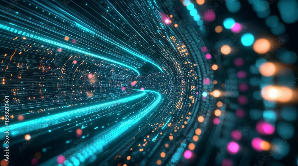 Poster glowing neon tunnel visualizing artificial general intelligence concepts