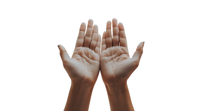 Open hands depicted as if offering or holding something set against a white background