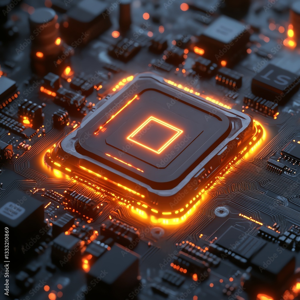 Poster digital esim chip glowing with neon effect on a circuit board. 3d rendering