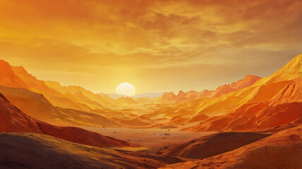 Naklejka premium Stunning Sunset Landscape Digital Art: Nature's Beauty with Dramatic Orange Sky and Serene Mountainous Terrain