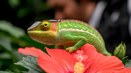Fototapeta premium Colorful Chameleon Perched on Vibrant Flower in Tropical Garden