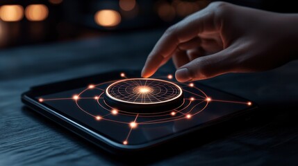 Obraz premium Hand Interacting with Glowing Circular Digital Interface on Dark Tablet