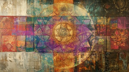 Obraz premium Colorful layered abstract geometric floral mixed media