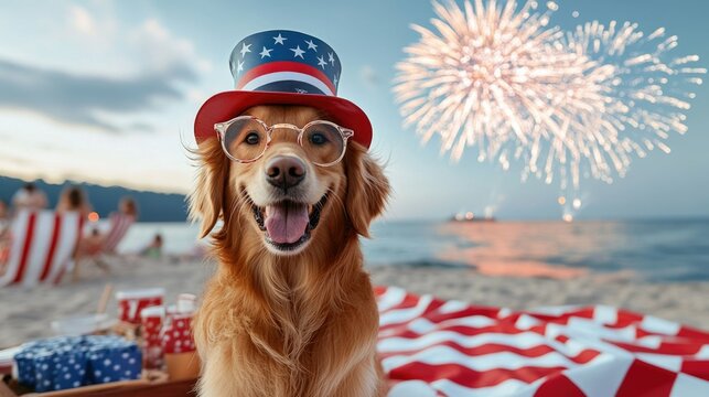 Happy Dog Celebrating Independence Day with Fireworks and Festive Hat on Beach