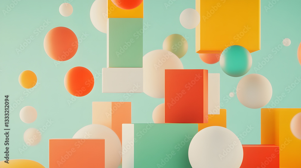 Poster colorful geometric shapes on a soft background with floating elements