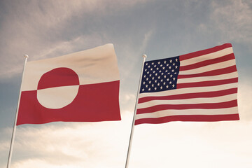 Relations between the countries of the United States of America USA and Greenland represented by the concept of two flags waving against a cloudy sky.3d render. © Alexander Sánchez