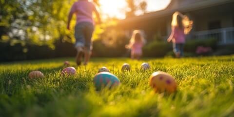 Fototapeta premium Kids enjoying an easter egg hunt in a garden at sunset