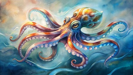 Colorful octopus illustration swimming in the ocean with vibrant tentacles and a swirling blue and yellow background