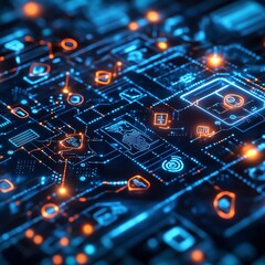 Hightech digital healthcare technology concept with an interface displaying icons for medical and financial data, revolutionizing healthcare and finance integration