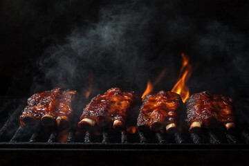 Four barbecue ribs sizzling on a grill with flames and smoke against a dark background