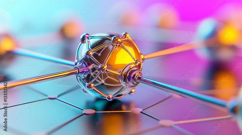Poster metallic sphere network abstract 3d render with glowing light