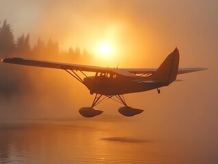 Fototapeta premium Seaplane lifts off lake at foggy sunrise