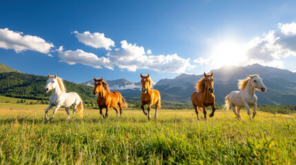 Fototapeta premium Wild horses galloping across vibrant green field under sunny sky