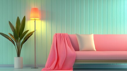 Modern Living Room with Soft Pink Sofa and Stylish Green Walls in Bright Natural Light