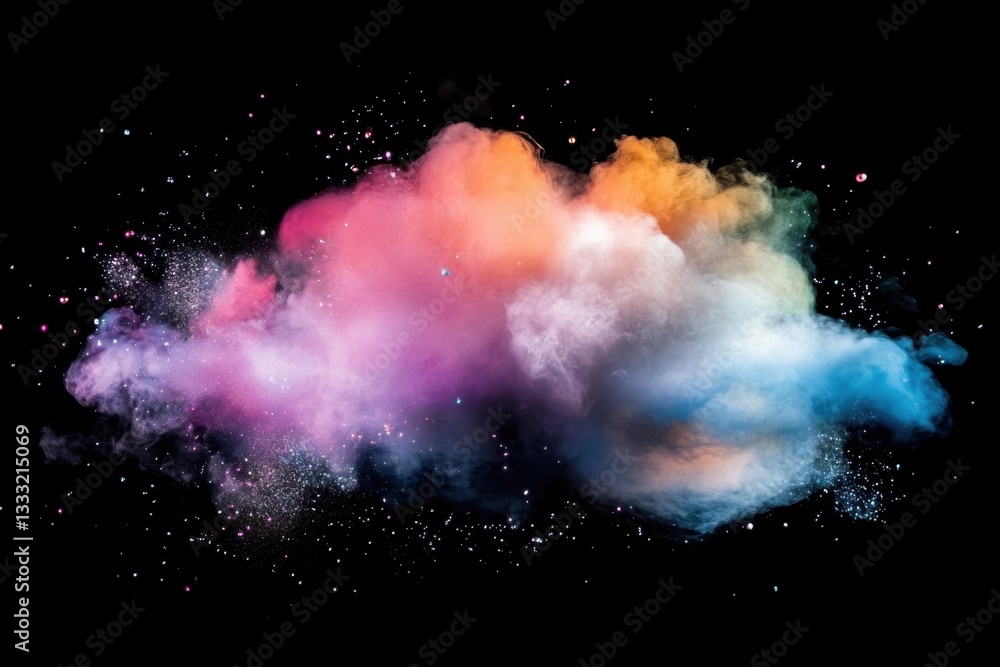 Poster colorful abstract cloud of powder exploding in space on black background