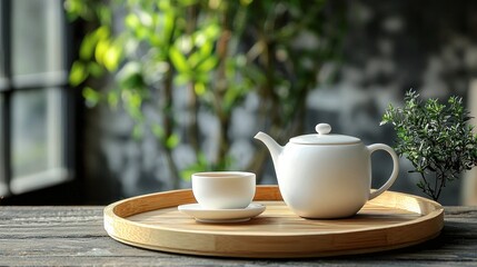 Fototapeta premium Elegant White Teapot and Cup on Wooden Tray with Natural Background