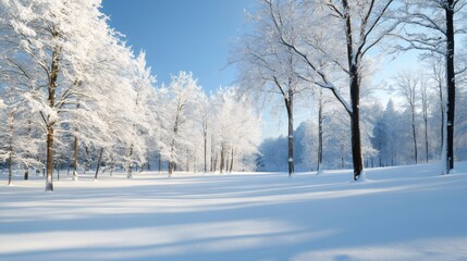 Winter forest bathed in sunlight with frost covered trees