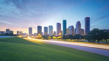 Fototapeta premium A scenic evening landscape featuring a city skyline and grassy hill