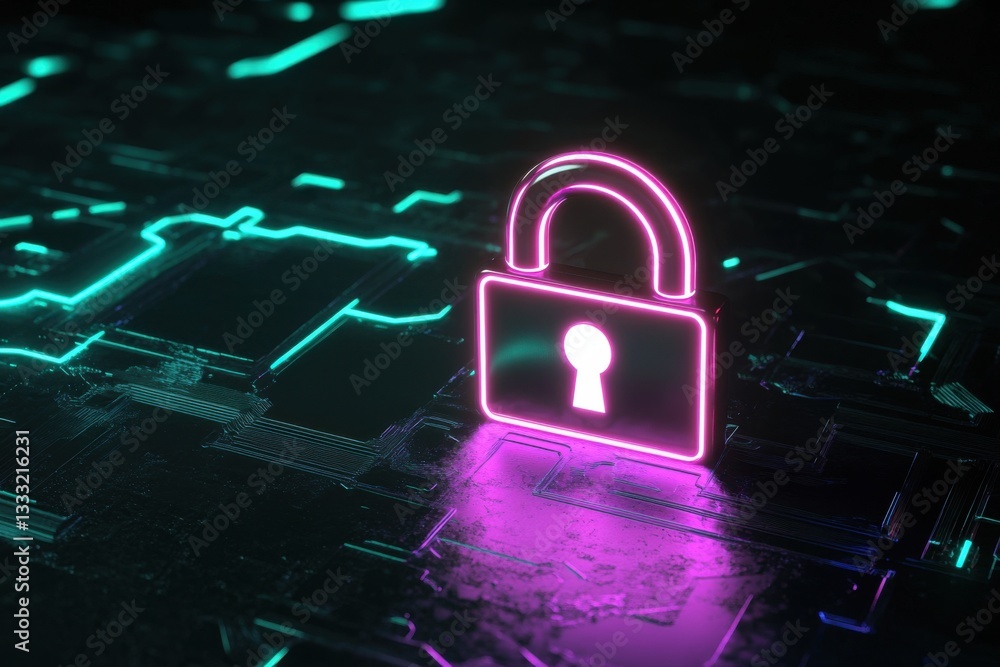 Poster neon lock icon on circuit board background for digital security concepts