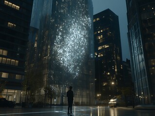 Cityscape Night: Data Projection on Skyscraper.