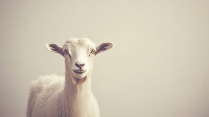 Fototapeta premium A white goat with a friendly expression looks directly at the camera
