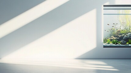 Bright Open Space with Blank Wall and Aquarium Window View