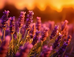 Obraz premium blurred field of lavender flowers at sunset, with a warm golden glow and soft purple hues filling the background