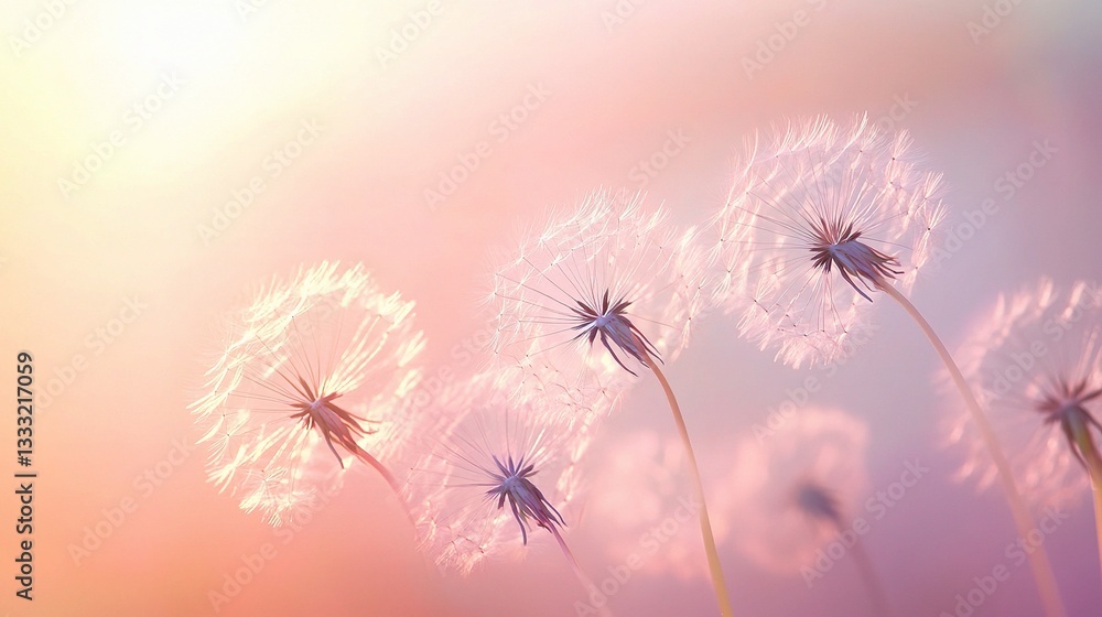 Poster ethereal dandelions floating in gentle breeze with soft light