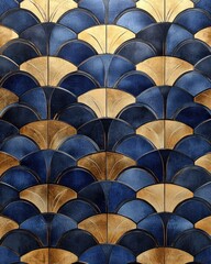 A patterned wallpaper featuring Art Deco-inspired geometric designs in metallic gold and navy blue,