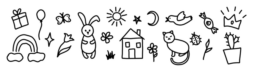 Hand drawn kids doodle. House, bunny, cat, flower, rainbow, sun, balloon, flower. Set of cute funny baby icons on white background. Vector illustration kids drawing.