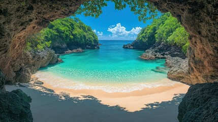 Tropical paradise beach view through a cave