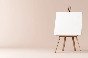 Blank canvas on wooden easel set against soft beige background for artistic creation and inspiration, space for text