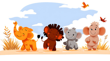 Naklejka premium Cute Cartoon Animals Walking Together in a Dreamy Landscape