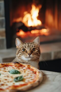 Curious Cat Observing Freshly Baked Pizza Near Cozy Fireplace