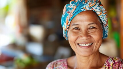 Smiling vendor exudes warmth and friendliness in a cozy kitchen setting.