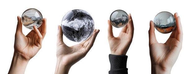 Hands holding crystal spheres displaying captivating landscapes and textures in a creative artistic display