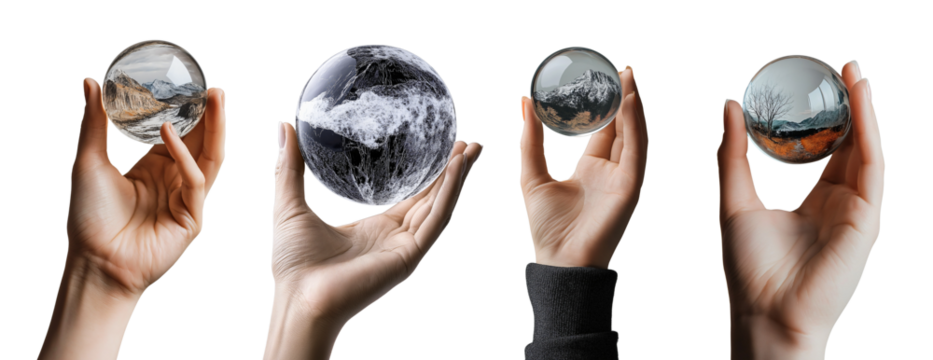 Hands holding crystal spheres displaying captivating landscapes and textures in a creative artistic display
