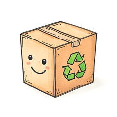 Happy Cardboard Box with Recycle Symbol Illustration Cute Cartoon Package Design