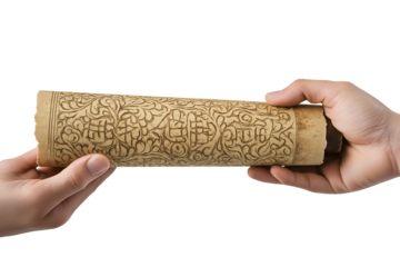 Ancient manuscript being carefully held by two hands with intricate designs and historical significance