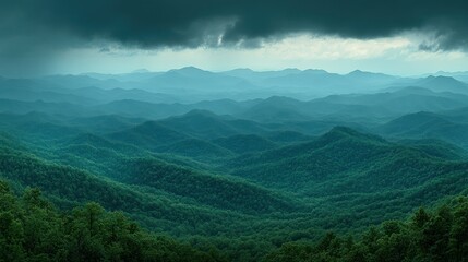 Vast mountain range stretches under a stormy sky. Lush green forests blanket the rolling hills. A panoramic view of the Appalachian landscape