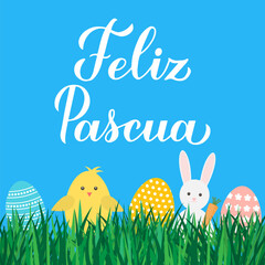 Happy Easter calligraphy lettering in Spanish language. Eggs, bunny and cute cartoon chicken on grass. Easter celebration greeting card. Vector illustration.