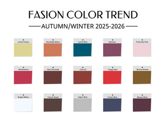 Fashion Color Trend Autumn - Winter 2025 - 2026. Trendy colors palette guide. Fabric swatches with color names. Vector template for your creative designs.