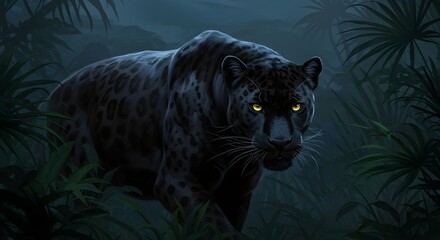 Misteriosa pantera negra con ojos brillantes en la jungla