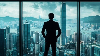 Business mogul in a skyscraper office overlooking the city making a global financial decision
