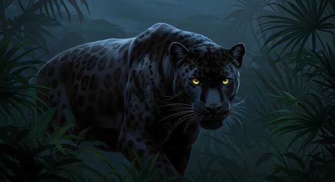 Misteriosa pantera negra con ojos brillantes en la jungla