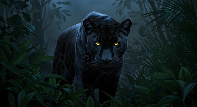 Misteriosa pantera negra con ojos brillantes en la jungla