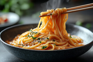 photo of ramen noodles being held up by chopsticks,